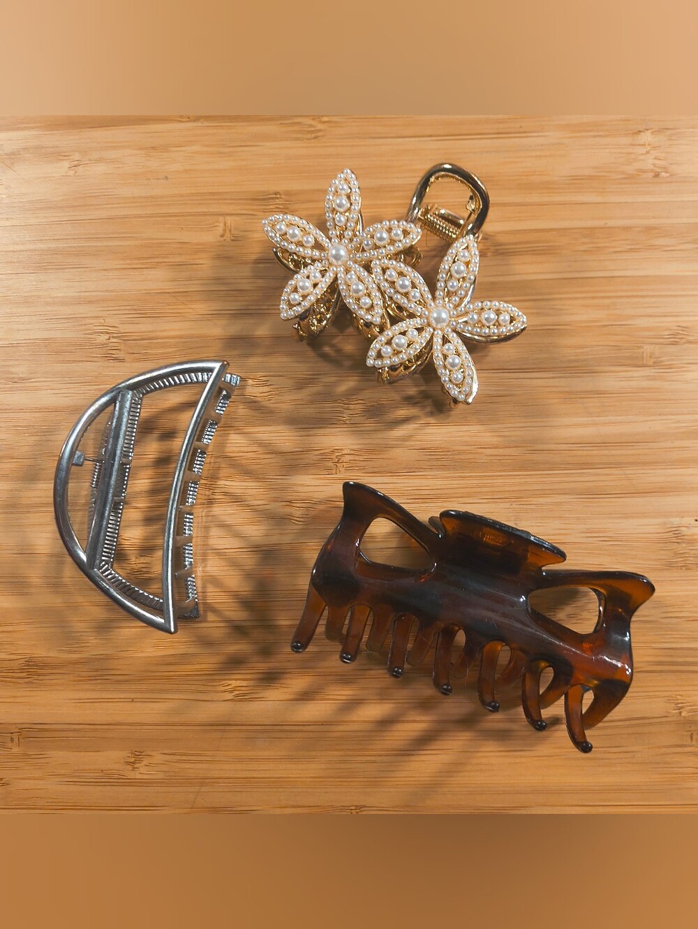 3-Piece Hair Claw Clip Bundle Pearl Flower Silver Geometric Tortoiseshell